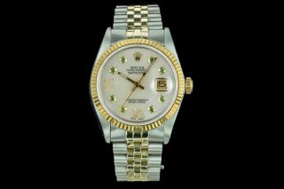 Mens Rolex Watch Datejust 16013 18k Gold & Steel MOP Emerald Roman Num Diamonds 7