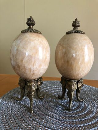 Rare Vintage Decorative Marble Egg On A Solid Brass Elephant Trunk Base Stand