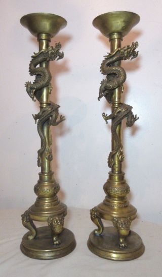 Large Pair Antique Chinese Gilt Bronze Brass Dragon Candlestick Candle Holders