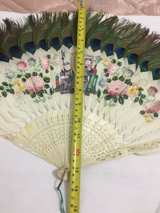 Big Antique Chinese Export Bovine Bone Ostrich With Feather Hand Fan Old Asian 3
