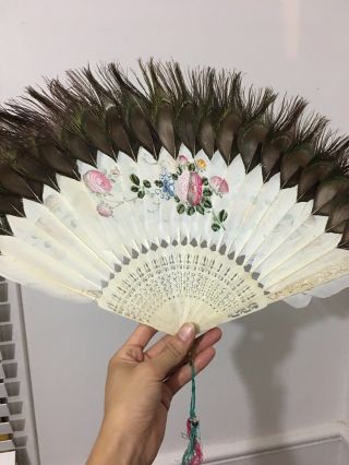 Big Antique Chinese Export Bovine Bone Ostrich With Feather Hand Fan Old Asian 6