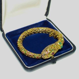 Antique Vintage Nouveau 14k Yellow Gold Mughal India Emerald Ruby Snake Bracelet