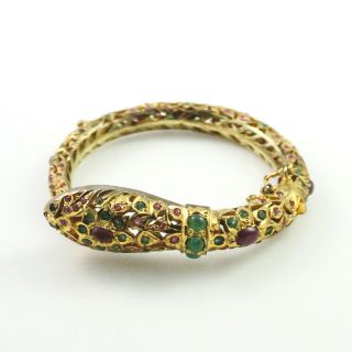 Antique Vintage Nouveau 14k Yellow Gold Mughal India Emerald Ruby Snake Bracelet 2