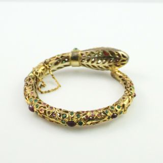 Antique Vintage Nouveau 14k Yellow Gold Mughal India Emerald Ruby Snake Bracelet 5