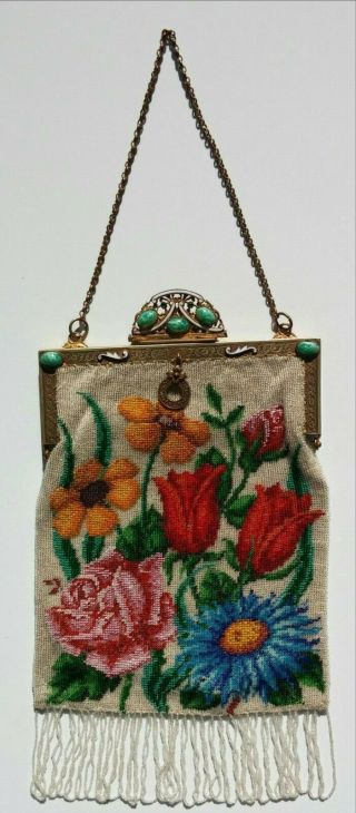 Vintage Antique Beaded Evening Purse With Floral Design Front & Back 11 " X 6 1/2