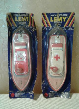 60s Vintage Lemy/tippco Tin Toy Fire Boat Ship & Ambulance Wind - Up Mexico