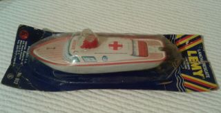 60s VINTAGE LEMY/TippCo TIN TOY FIRE BOAT SHIP & AMBULANCE WIND - UP MEXICO 2