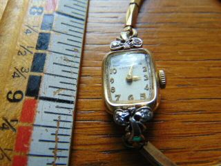 Vintage Ladies Hamilton Wrist Watch - 14 K Gold - Four Diamonds Set In White Gold