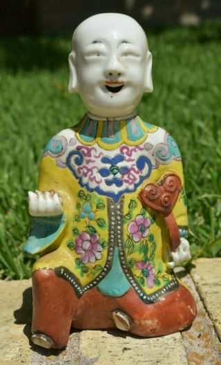 Old Antique Chinese Yellow Hand Painted Robe Happy Boy Man Ruyi Figure Censer
