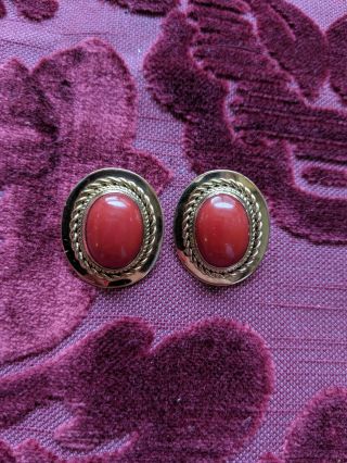 Antique Large Oval Red Coral 22kt Yellow Gold Classic Clip On Earrings