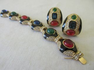 Vintage Ciner Moghul Multi Color Glass Cabochon Rhinestone Bracelet & Earrings