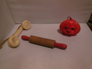Antique Vintage Toy Wood Childs Toy Rolling Pin & Plastic Phone & Red Dog Head