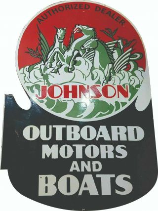 Johnson Motor & Boats 2 Sided Vintage Porcelain Sign 18 X 27 1/2 Inches Flange
