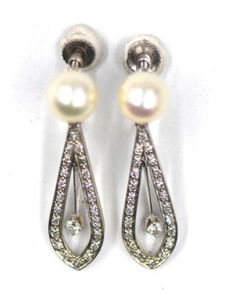 Vintage Art Deco Style Pearl Diamond Dangle Drop Earrings Screw Back 14k Gold