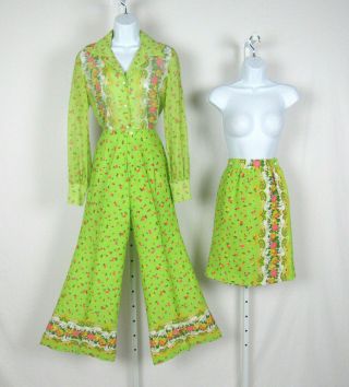 Vtg 1960s Mod Mr.  Bob California Green Floral 3 Piece Pant Top Skirt Outfit 12
