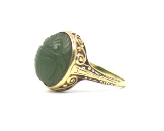 Antique Victorian Egyptian Revival Jade Scarab Ring Filigree 14k Gold Size 5.  5
