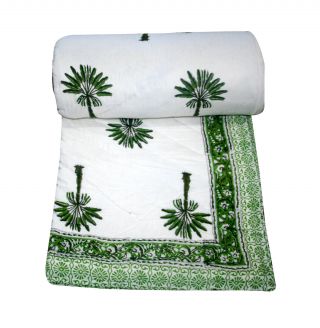 Indian Handblock Palm Tree Kantha Quilt Indian Cotton Bedspread Queen Vintage