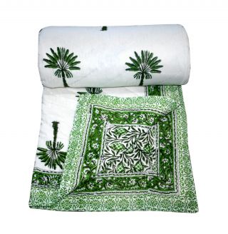 Indian Handblock Palm Tree Kantha Quilt Indian Cotton Bedspread Queen Vintage 2