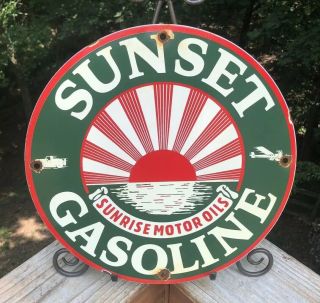 Vintage Sunset Oil Company 11 3/4 " Porcelain Gas & Oil Sign Pump Plate