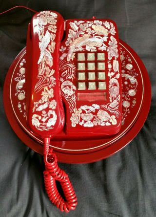 Vintage Red Oriental Push Button Phone Mother Of Pearl Inlaid On A Turn Table