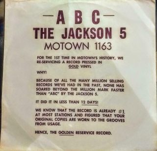 Rare Jackson 5 " Abc " Dj Gold Vinyl Re - Service Issue 45rpm Record Radio Promo