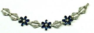 Vintage Otis Sterling Sliver Sapphire Blue Clear Rhinestone Floral Link Bracelet