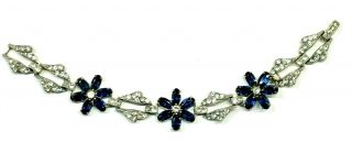 Vintage Otis Sterling Sliver Sapphire Blue Clear Rhinestone Floral Link Bracelet 2