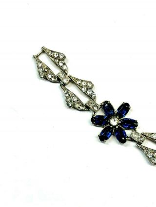 Vintage Otis Sterling Sliver Sapphire Blue Clear Rhinestone Floral Link Bracelet 3