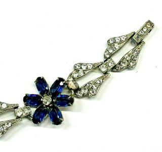 Vintage Otis Sterling Sliver Sapphire Blue Clear Rhinestone Floral Link Bracelet 5