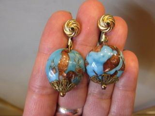 Vintage Art Deco Venetian Turquoise Blue Glass Aventurine Mica Dangling Earrings