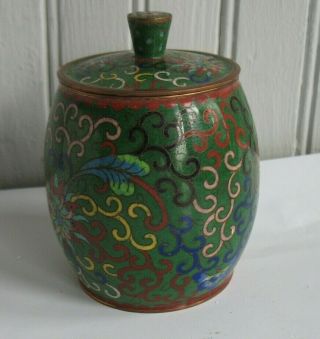 Vintage Chinese Cloisonne Enamel Tea Caddy Canister Jar Box Brass Floral Green