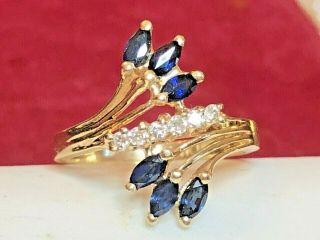 Vintage 14k Gold Natural Blue Sapphire & Diamond Ring Bypass Designer Signed.  A.
