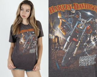 Vtg 80s 3d Emblem Harley Davidson Motorcycle Real Steel Nj Dealer Tee T Shirt