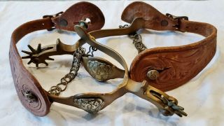 Vtg Brass Spurs Buffalo Head Concho Gaucho Cowboy Western Rodeo W/chains Straps