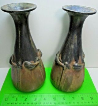 Pr French Denbac Old 1930s Vintage Arts Crafts Stoneware Pottery Dragonfly Vases