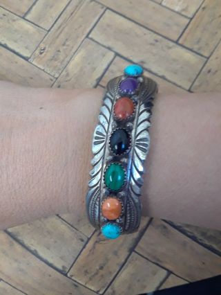 Vtg Native American Sterling Cuff Bracelet Coral Onyx Turquoise Malachite