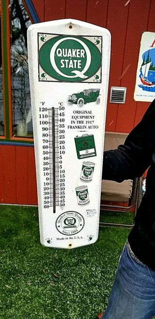 Vintage Metal Quaker State Motor Oil Gas Thermometer Sign W/ Can Graphics