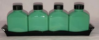 RARE Vintage JADEITE 4 pc BATHROOM BOTTLES SET w/ BLACK GLASS TRAY 2