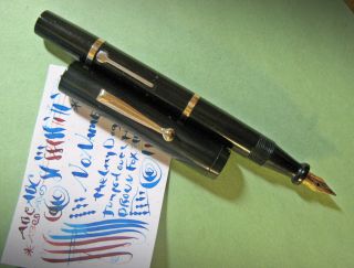 Vtg Fountain Pen Flex 14k Gold Nib 2 G.  F.  Bands Fountain Pen Hard Rubber 1920s
