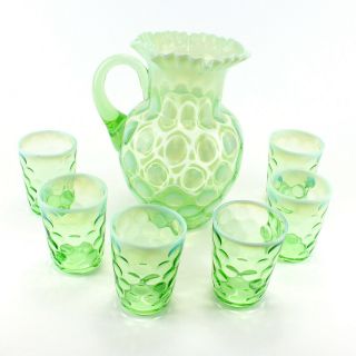 Vintage Fenton Green Coin Dot Opalescent Pitcher And Glass Set