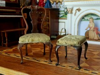 Antique Vintage Dollhouse Miniature Artisan Chair And Ottoman 1:12