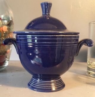 Vintage Fiesta Lidded Sugar Bowl In Cobalt Blue Glaze.  A, .
