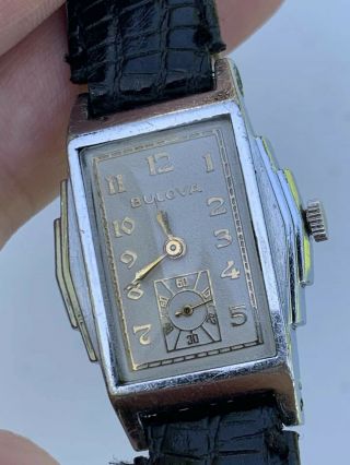 Rare Vintage Bulova Empire Style Art Deco Silver Dress Wrist Watch Sub Dial