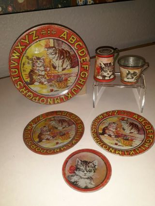 Vintage Ohio Art " Abc Kittens " Tin Toy Tea Set