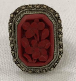 Antique Chinese Export Carved Red Cinnabar Floral Filigree Frame Ring