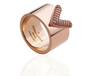 Louis Vuitton Rose Gold Plate Crystal V Ring Size 7