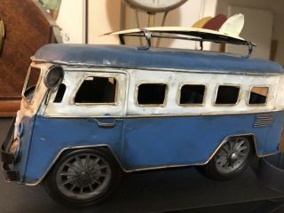 Volkswagen Vw Style Bus Van Tin Metal Surfboard Home Decor Model White Blue 12 "