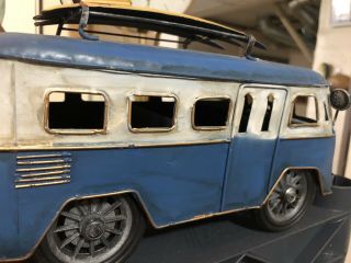 Volkswagen VW Style Bus Van Tin Metal Surfboard Home Decor Model White Blue 12 