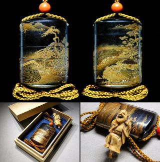 Gold Makie Lacquered Inro W Netsuke,  Ojime 19thc Japanese Edo Antique