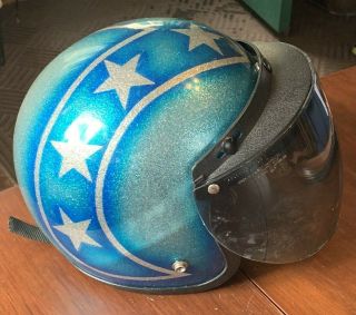 Vintage Blue Flake Ansi Motorcycle Helmet With Star Design,  Size Medium (m)